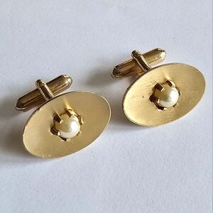 Vintage Anson cuff links gold tone white faux pearl cufflinks oval mens jewelry